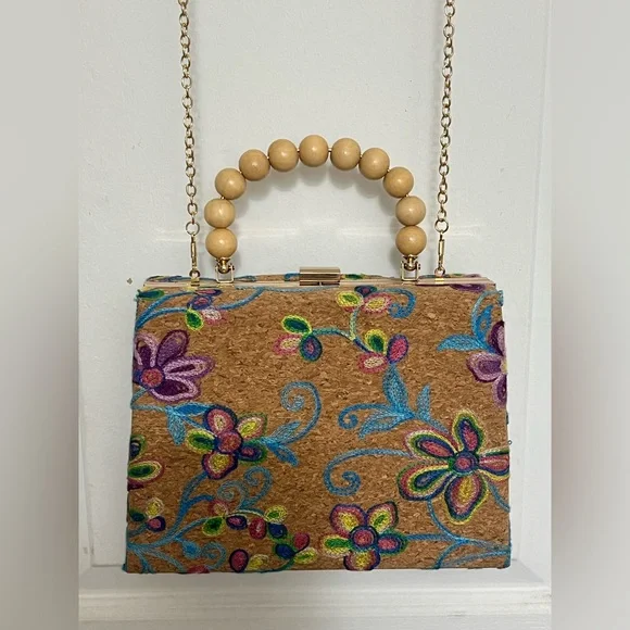 Embroidered Floral Cork Top-Handle Bag - Picture 4 of 6